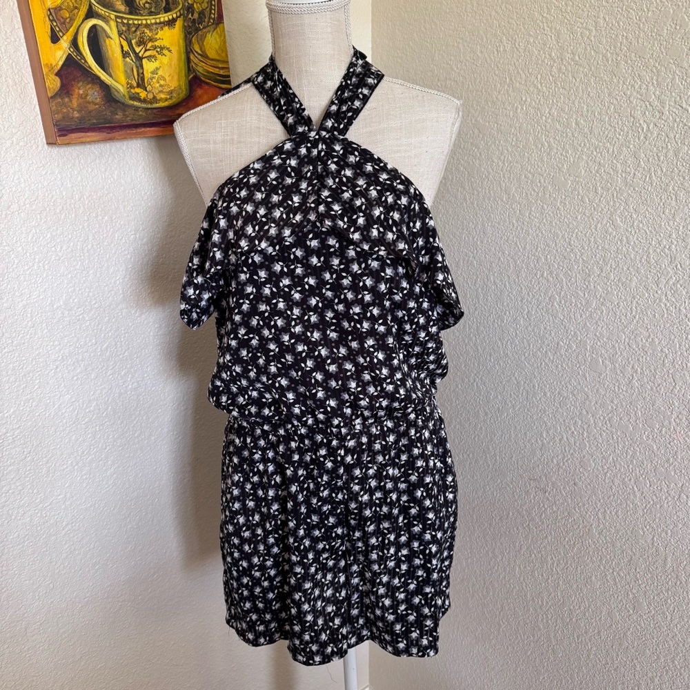 LOFT Black Floral Patterned Shorts Romper